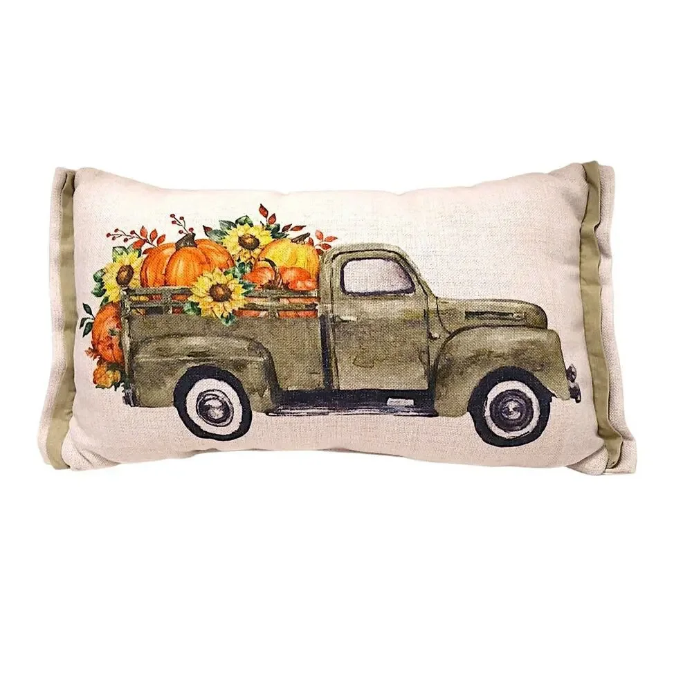 Linen Burlap 21x11 Throw Pillow Pumpkins Green Truck Country Cottage Farm‎ Decor